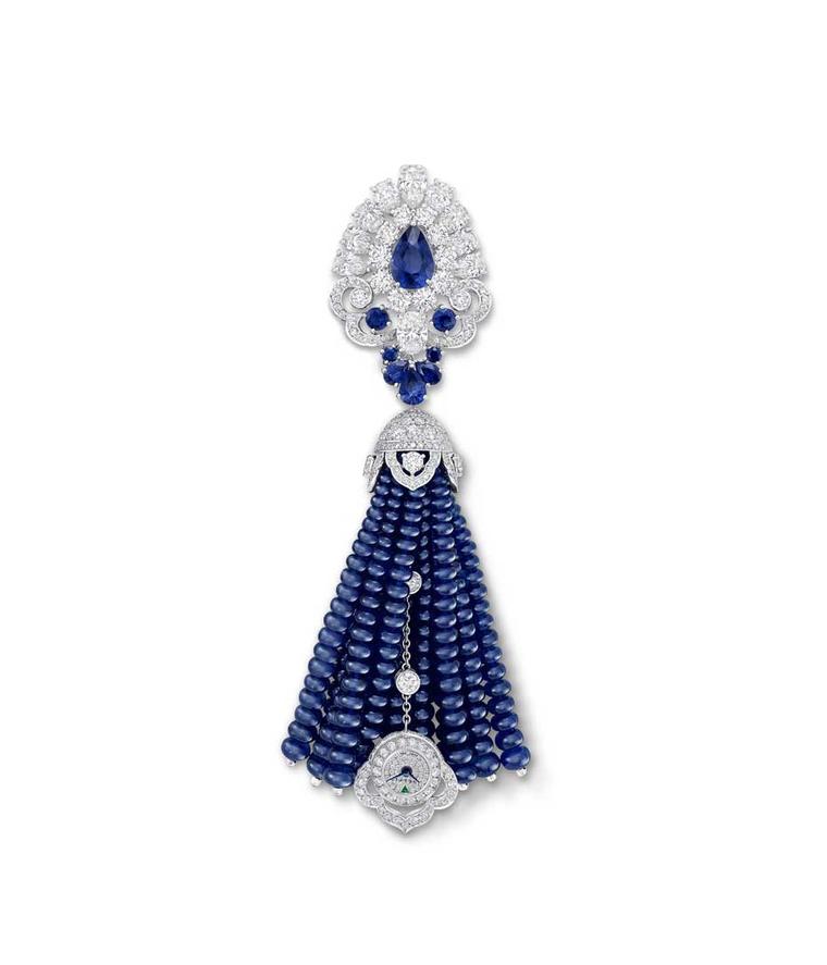 The diamond and sapphire beaded tassel secret watch from Graff is a transformable piece that can be worn in three ways: as a single piece, as individual brooches or as a single tassel brooch.